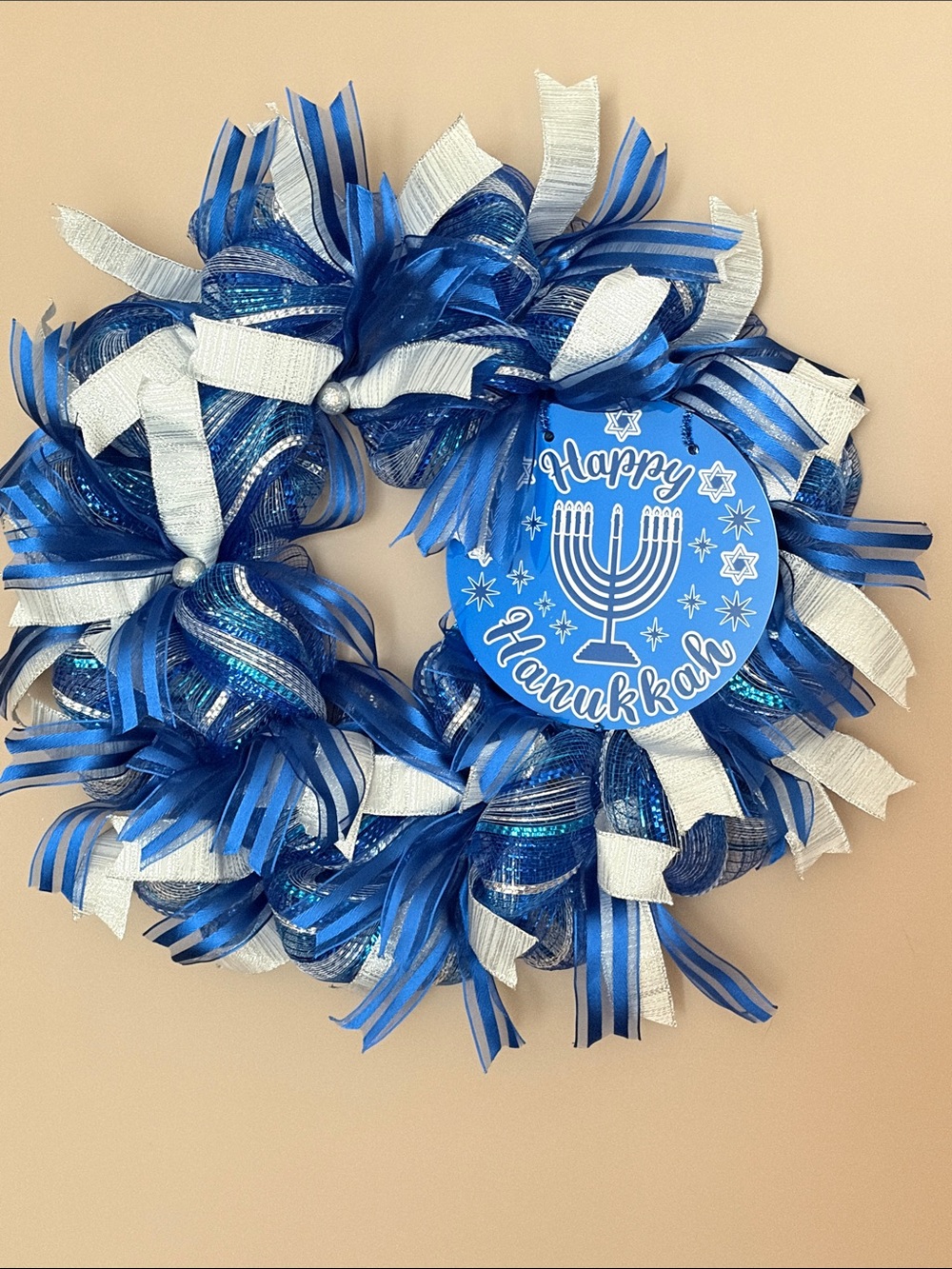 Blue and Silver Hanukkah Wreath with Menorah Accent